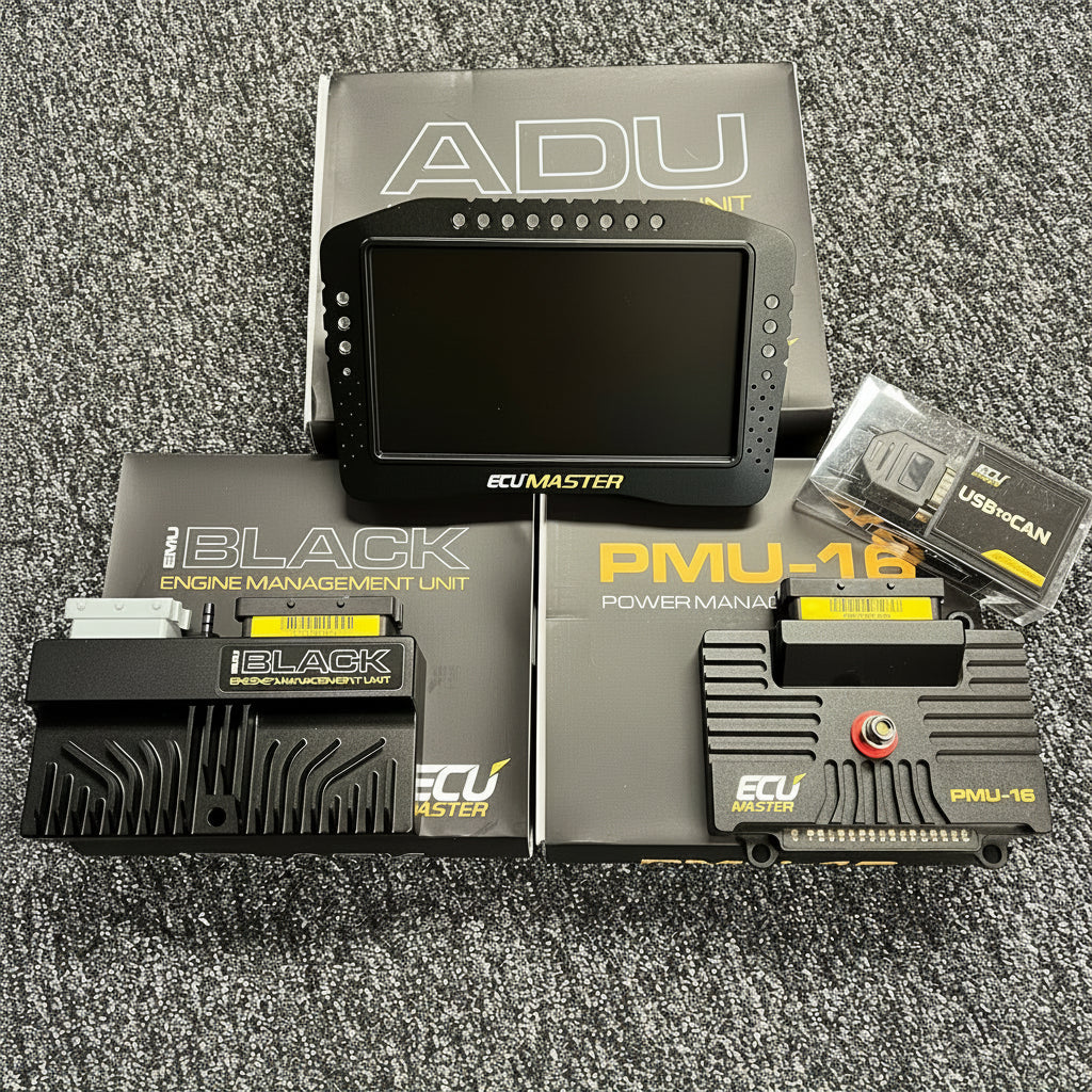 ECUmaster Control Race Package including a black ECU, ADU Digital Dash 7 inch screen, PMU16 Power Distribution Module, and USB to CAN connector.